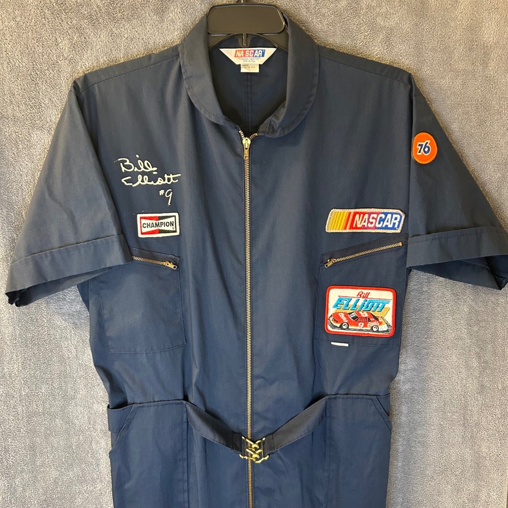 VTG 80s NASCAR Bill Elliott #9 Racing Coveralls Navy Blue Short Sleeve Jumpsuit